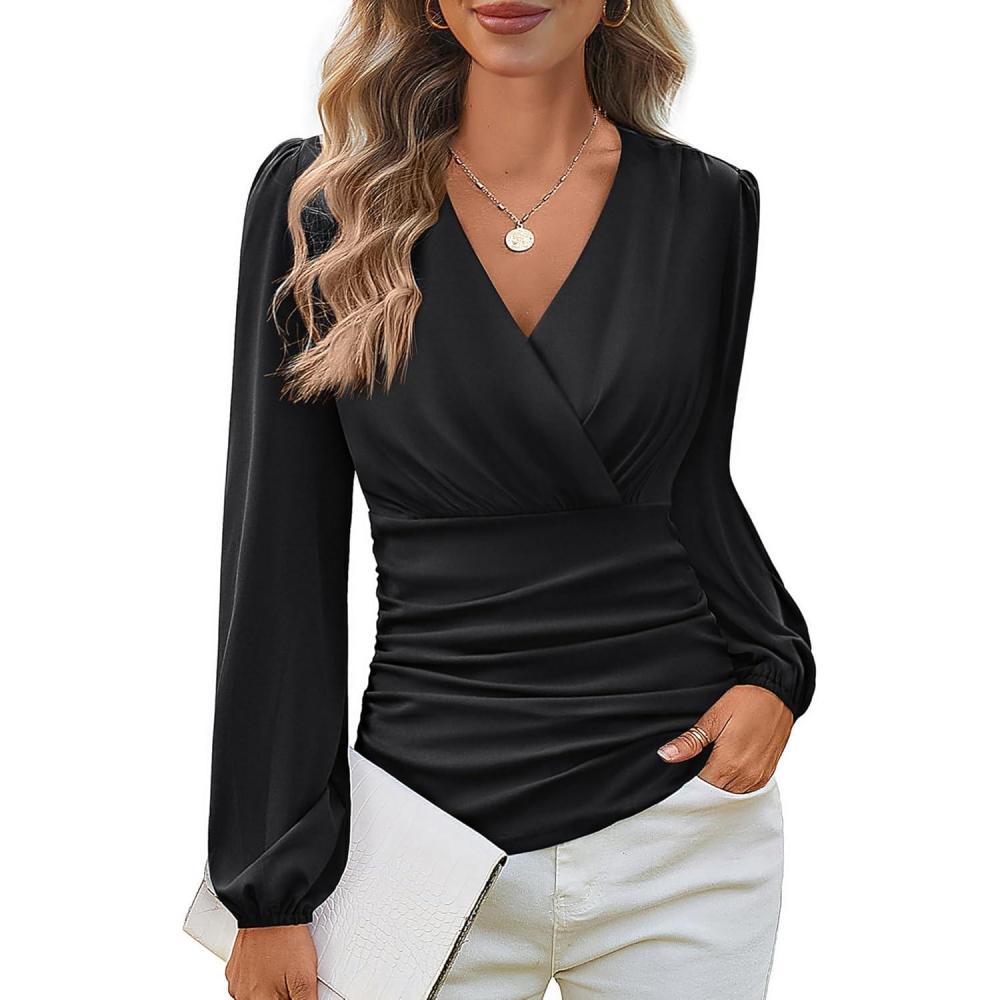 imageGRACE KARIN Long Sleeve Blouses for Women Dressy Casual Wrap Tops Work Shirts 2026 Spring Business OutfitsBlack