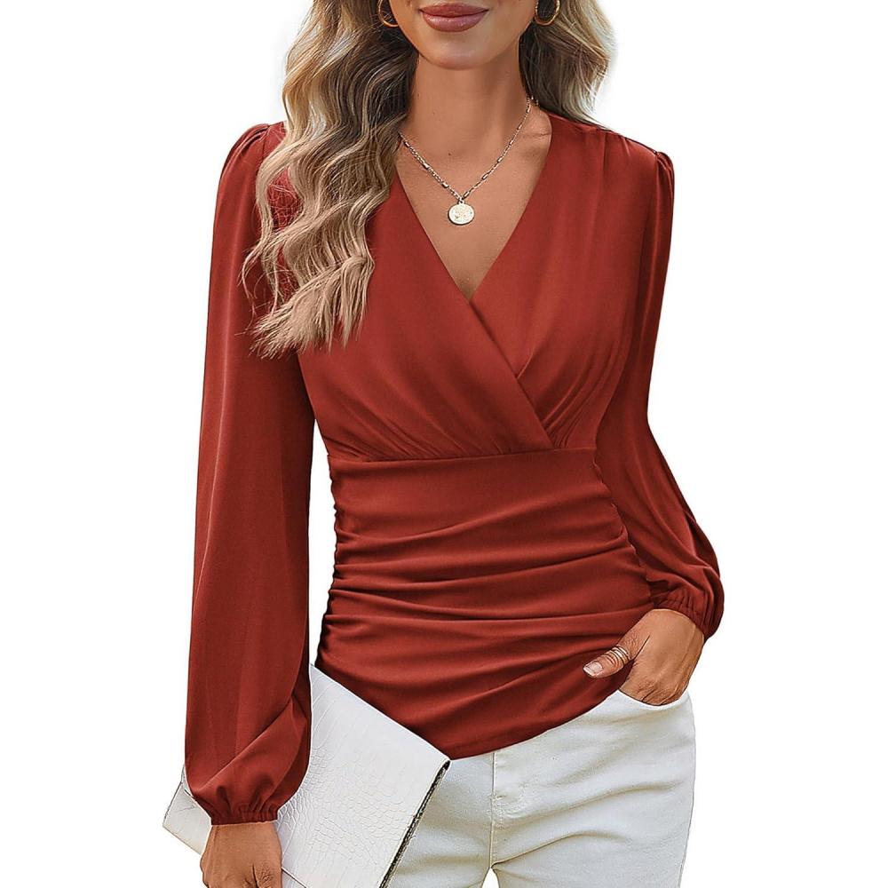 imageGRACE KARIN Long Sleeve Blouses for Women Dressy Casual Wrap Tops Work Shirts 2026 Spring Business OutfitsCaramel