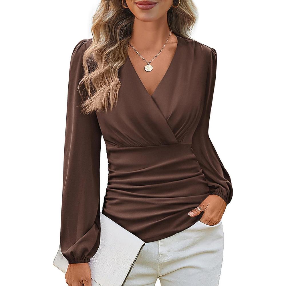 imageGRACE KARIN Long Sleeve Blouses for Women Dressy Casual Wrap Tops Work Shirts 2026 Spring Business OutfitsCoffee
