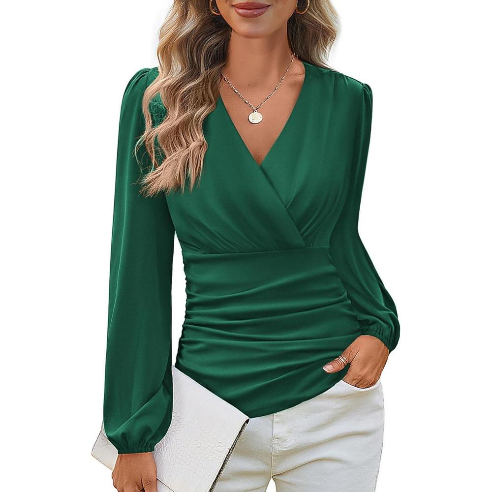 imageGRACE KARIN Long Sleeve Blouses for Women Dressy Casual Wrap Tops Work Shirts 2026 Spring Business OutfitsDark Green