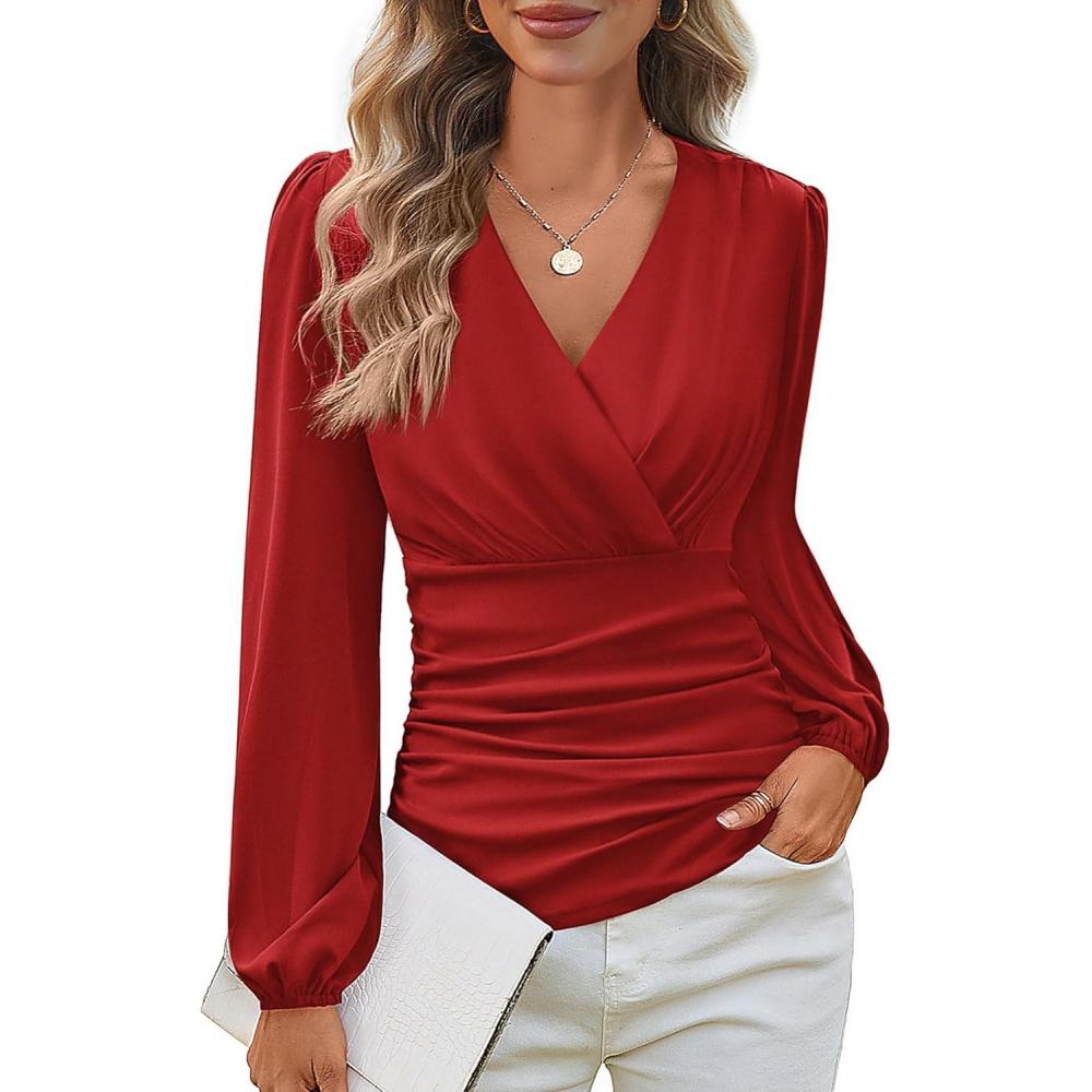 imageGRACE KARIN Long Sleeve Blouses for Women Dressy Casual Wrap Tops Work Shirts 2026 Spring Business OutfitsRed