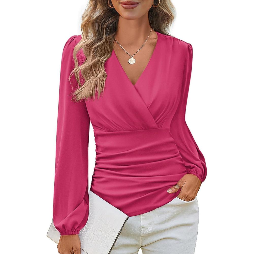 imageGRACE KARIN Long Sleeve Blouses for Women Dressy Casual Wrap Tops Work Shirts 2026 Spring Business OutfitsRose Red