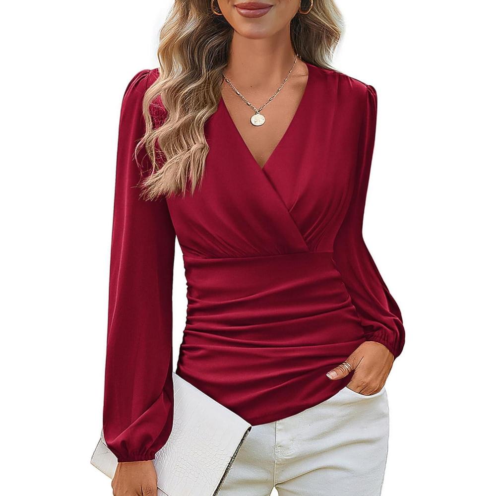 imageGRACE KARIN Long Sleeve Blouses for Women Dressy Casual Wrap Tops Work Shirts 2026 Spring Business OutfitsWine Red