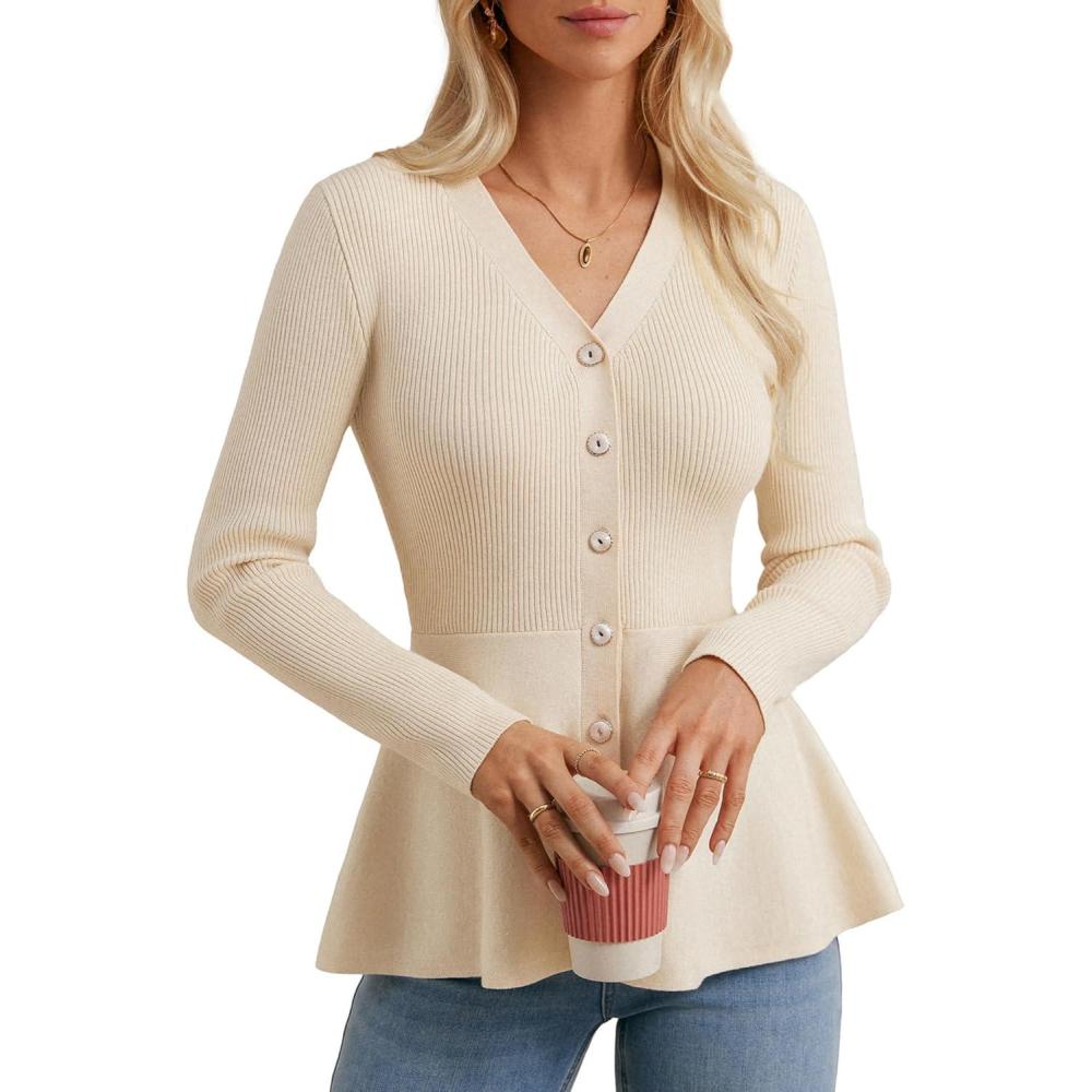 imageGRACE KARIN Long Sleeve Cardigan Sweaters for Women Button Up Knit Blazer Lightweight Business Casual Peplum TopsBeige