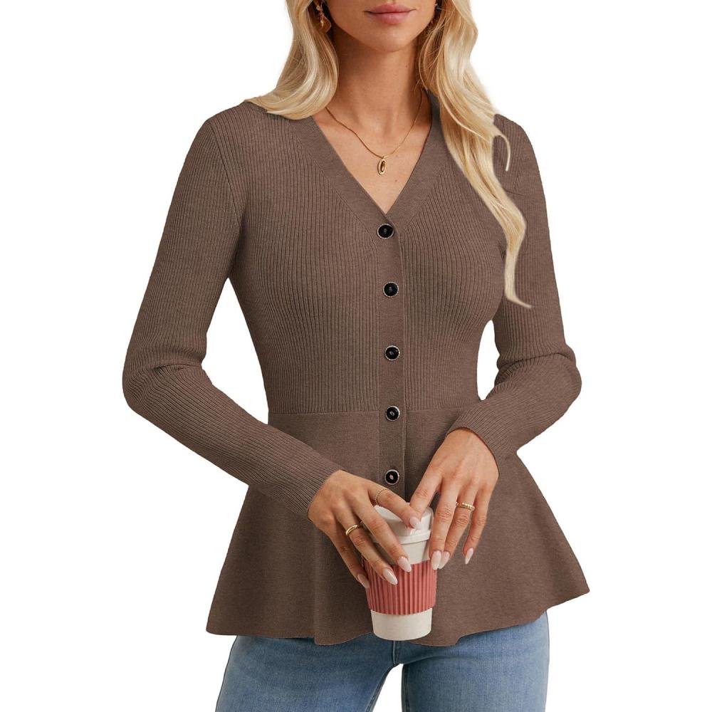 imageGRACE KARIN Long Sleeve Cardigan Sweaters for Women Button Up Knit Blazer Lightweight Business Casual Peplum TopsBrown
