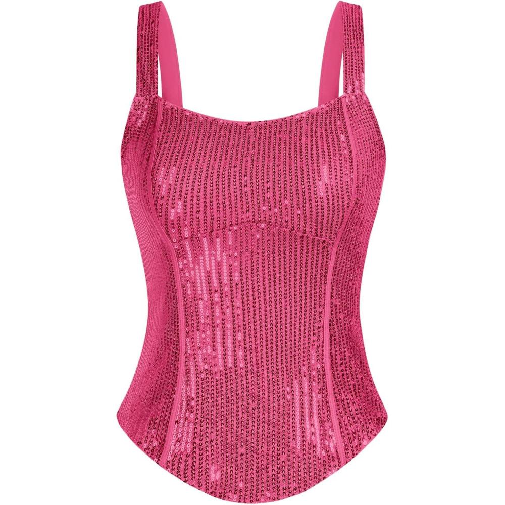 imageGRACE KARIN Sequin Tank Tops for Women Bustier Corset Top Sparkle Sexy Slim Camisole Sleeveless PartyRose Red