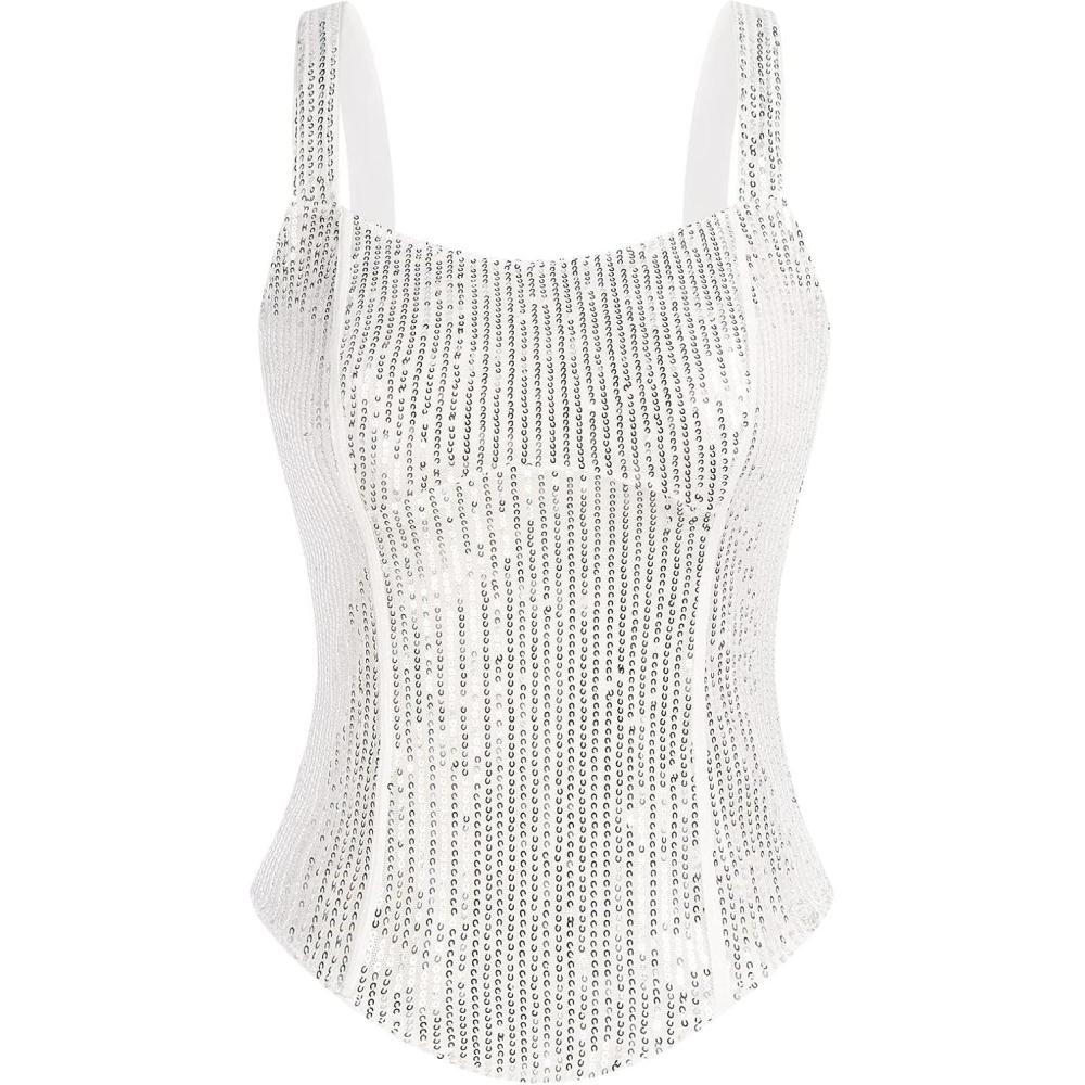 imageGRACE KARIN Sequin Tank Tops for Women Bustier Corset Top Sparkle Sexy Slim Camisole Sleeveless PartySilver White