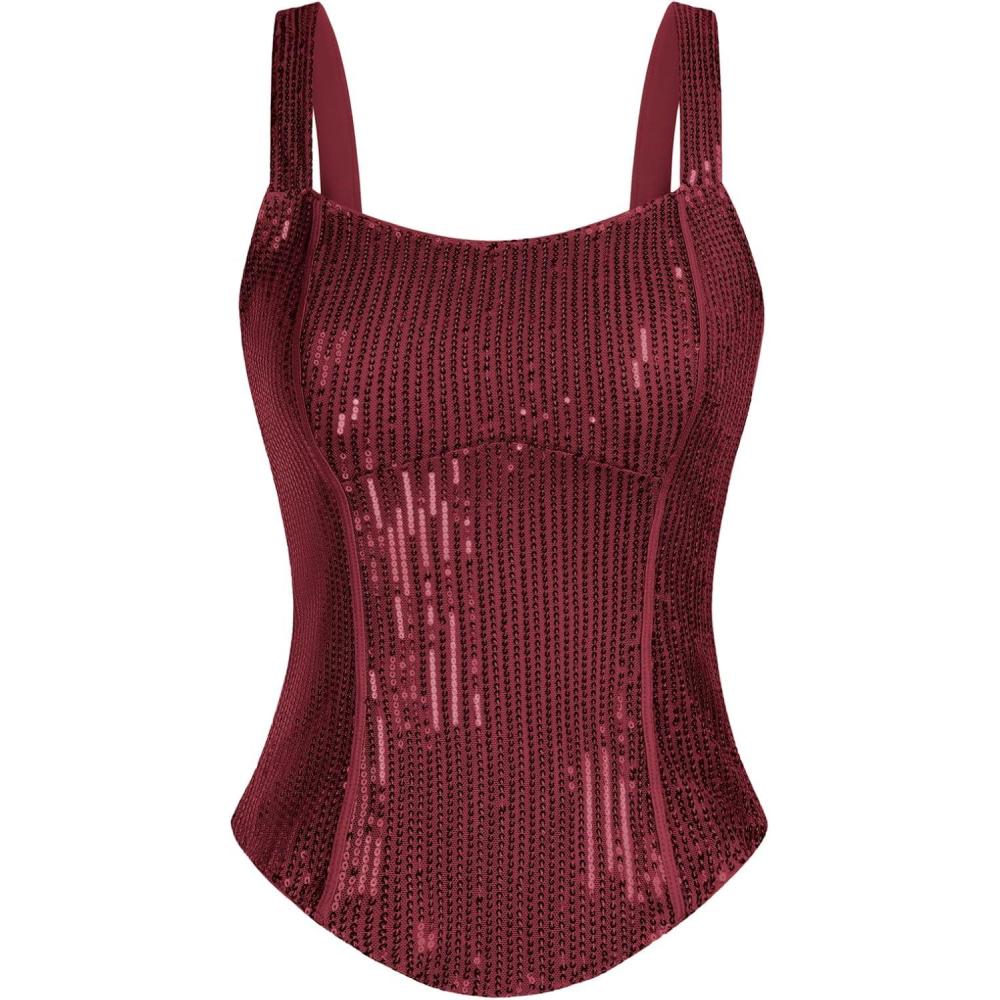 imageGRACE KARIN Sequin Tank Tops for Women Bustier Corset Top Sparkle Sexy Slim Camisole Sleeveless PartyWine Red