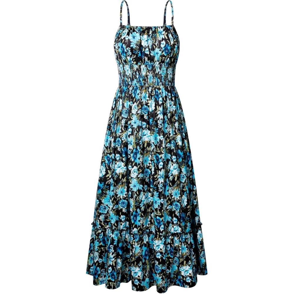 imageGRACE KARIN Summer Dresses for Women 2026 Vacation Smocked Floral Maxi Dresses Boho Beach Long Sundresses with PocketsBlue Black