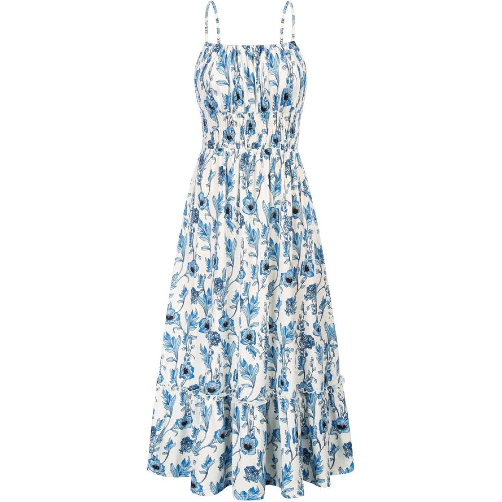 imageGRACE KARIN Summer Dresses for Women 2026 Vacation Smocked Floral Maxi Dresses Boho Beach Long Sundresses with PocketsBlue Floral