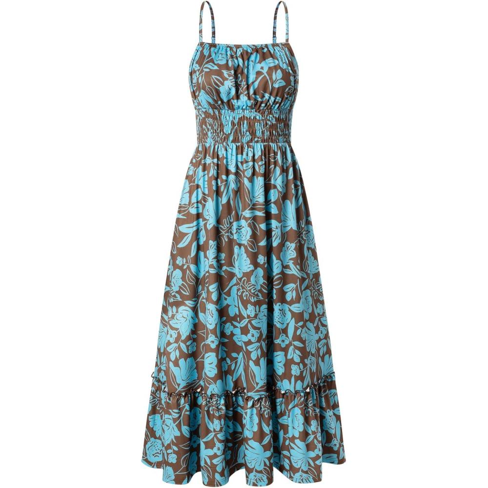 imageGRACE KARIN Summer Dresses for Women 2026 Vacation Smocked Floral Maxi Dresses Boho Beach Long Sundresses with PocketsBrown Blue