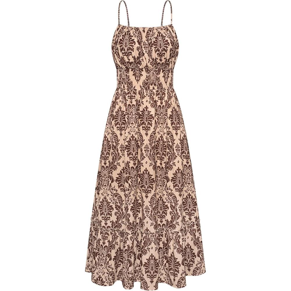 imageGRACE KARIN Summer Dresses for Women 2026 Vacation Smocked Floral Maxi Dresses Boho Beach Long Sundresses with PocketsBrown Floral