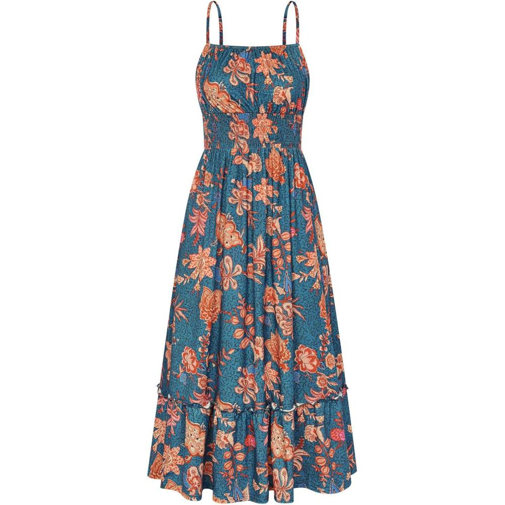 imageGRACE KARIN Summer Dresses for Women 2026 Vacation Smocked Floral Maxi Dresses Boho Beach Long Sundresses with PocketsDark Blue Green