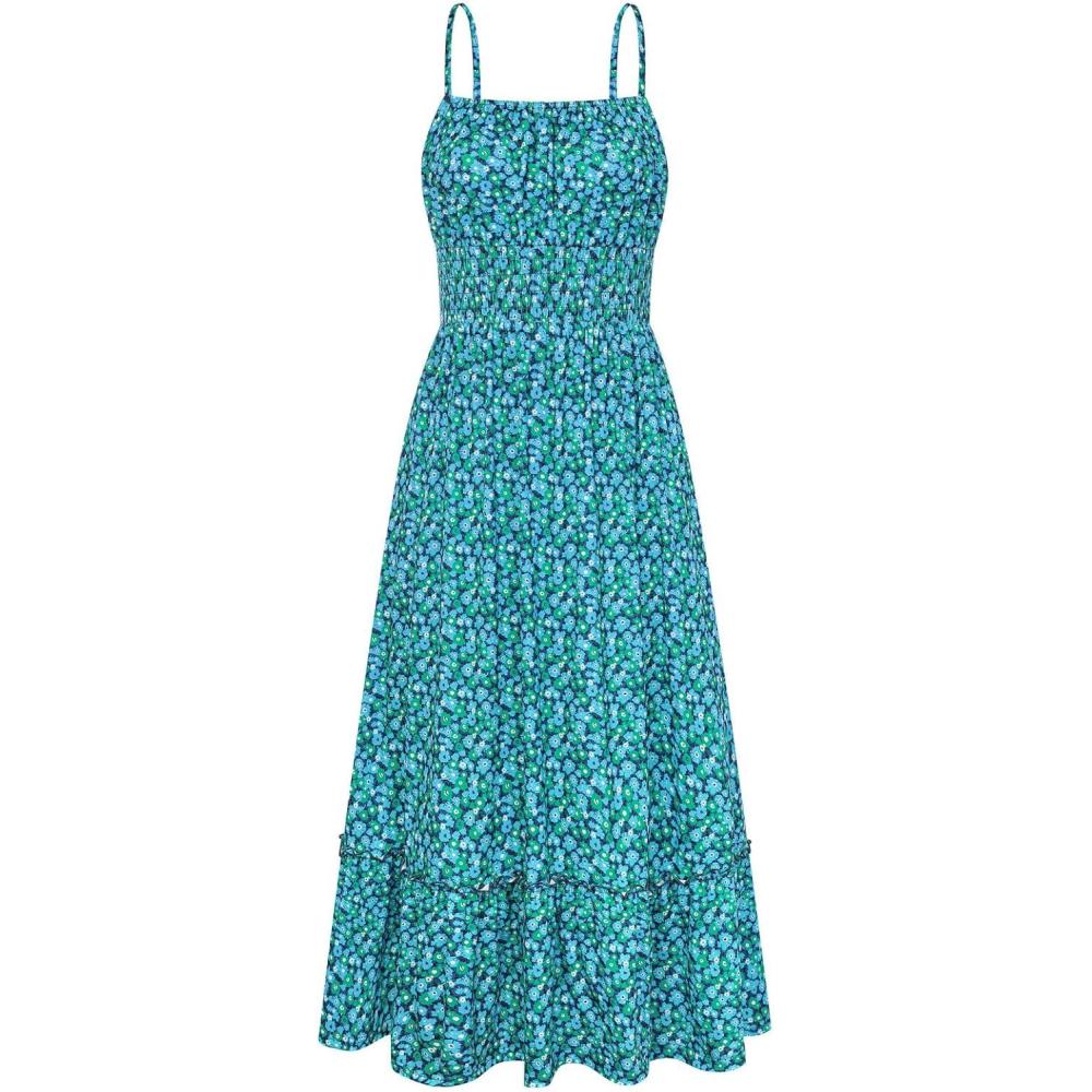 imageGRACE KARIN Summer Dresses for Women 2026 Vacation Smocked Floral Maxi Dresses Boho Beach Long Sundresses with PocketsGreen Blue