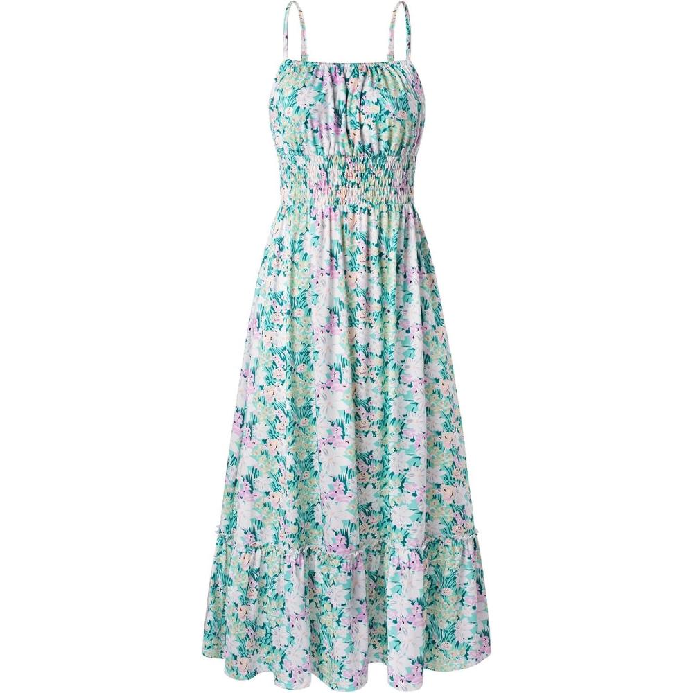 imageGRACE KARIN Summer Dresses for Women 2026 Vacation Smocked Floral Maxi Dresses Boho Beach Long Sundresses with PocketsGreen Flower