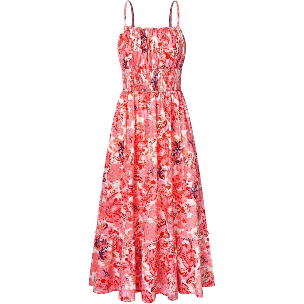 imageGRACE KARIN Summer Dresses for Women 2026 Vacation Smocked Floral Maxi Dresses Boho Beach Long Sundresses with PocketsPink Orange