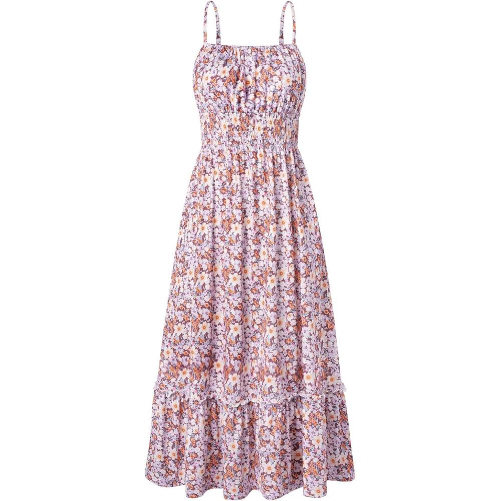 imageGRACE KARIN Summer Dresses for Women 2026 Vacation Smocked Floral Maxi Dresses Boho Beach Long Sundresses with PocketsPurple Floral