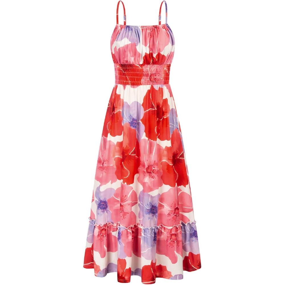 imageGRACE KARIN Summer Dresses for Women 2026 Vacation Smocked Floral Maxi Dresses Boho Beach Long Sundresses with PocketsRed Floral