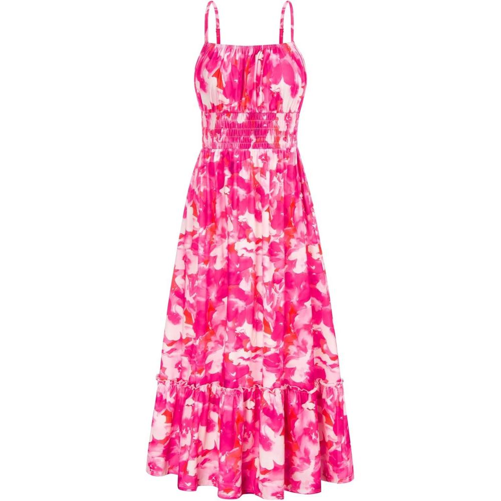 imageGRACE KARIN Summer Dresses for Women 2026 Vacation Smocked Floral Maxi Dresses Boho Beach Long Sundresses with PocketsRose Red Floral