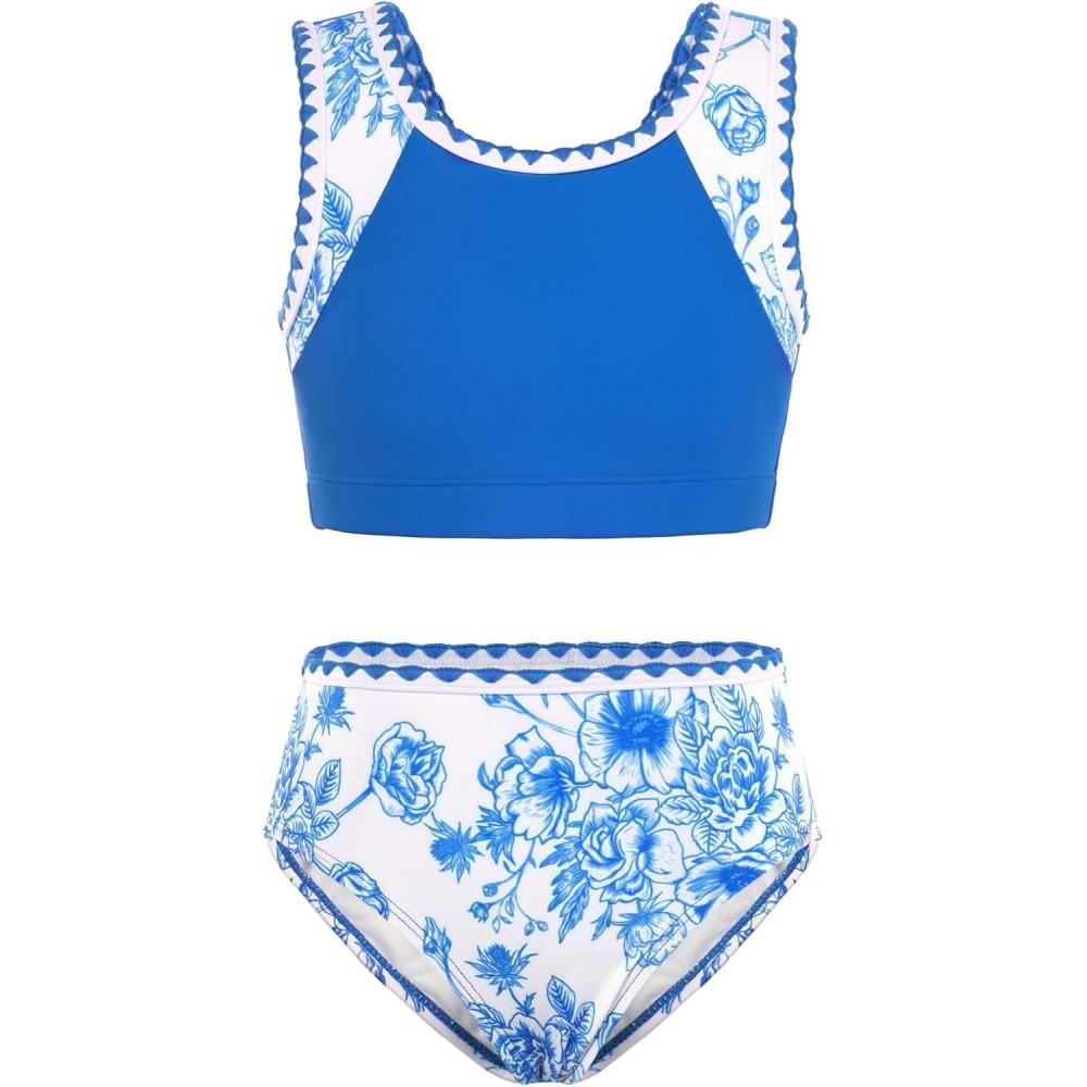 imageGRACE KARIN Teen Girls Swimsuits Two Piece Bikini Sets with Chest Pad Kids Tropical Print Bathing Suit 714YBlue