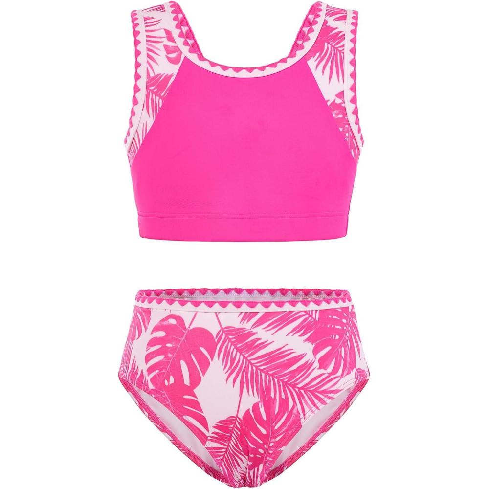imageGRACE KARIN Teen Girls Swimsuits Two Piece Bikini Sets with Chest Pad Kids Tropical Print Bathing Suit 714YHot Pink