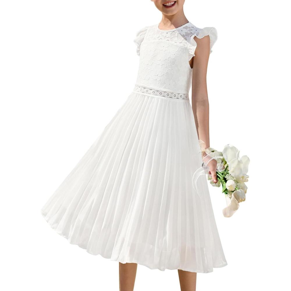 imageGRACE KARIN Teen Girls Wedding Guest Dresses Junior Bridesmaid Party Graduation Lace Pleated Flower Girl Dress Size 714White