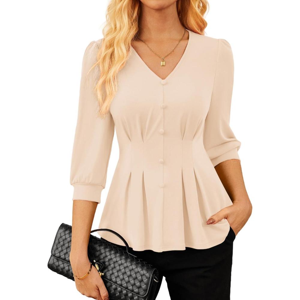 imageGRACE KARIN Women Business Casual Tops 2026 Spring Trendy Dressy Blouses 34 Sleeve Peplum Work Shirts V Neck Office OutfitApricot