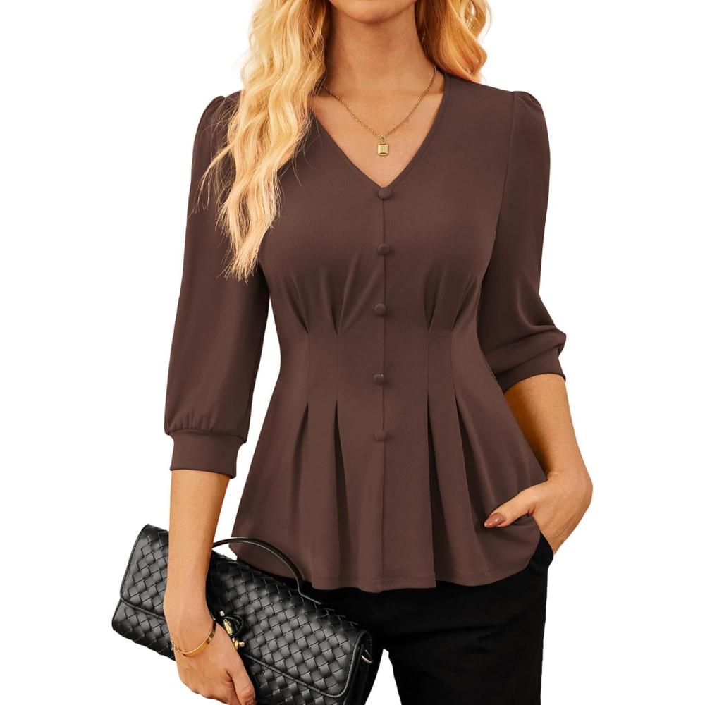 imageGRACE KARIN Women Business Casual Tops 2026 Spring Trendy Dressy Blouses 34 Sleeve Peplum Work Shirts V Neck Office OutfitChocolate