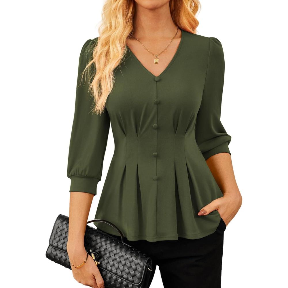 imageGRACE KARIN Women Business Casual Tops 2026 Spring Trendy Dressy Blouses 34 Sleeve Peplum Work Shirts V Neck Office OutfitOlive Green