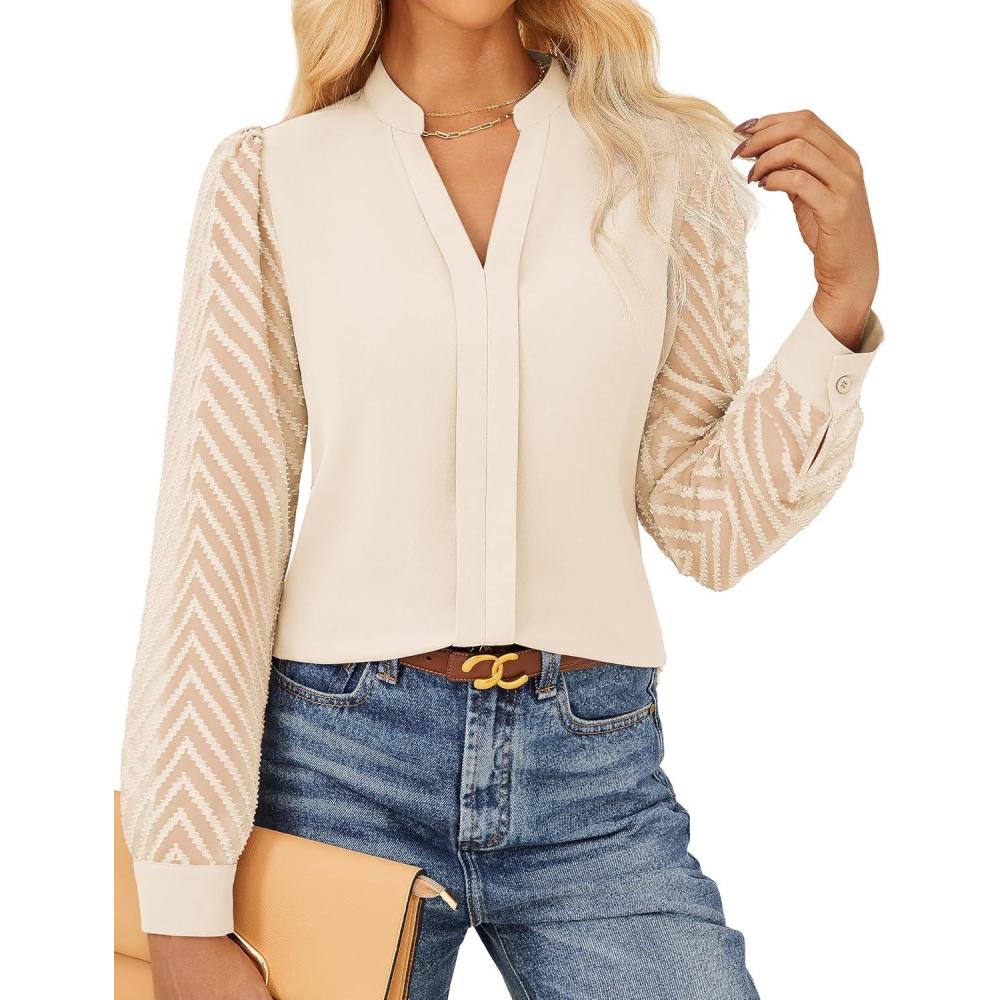 imageGRACE KARIN Women Business Casual Tops Sheer Lace Long Sleeve Blouses Work Office Pleated V Neck Shirt Fall Formal OutfitsApricot