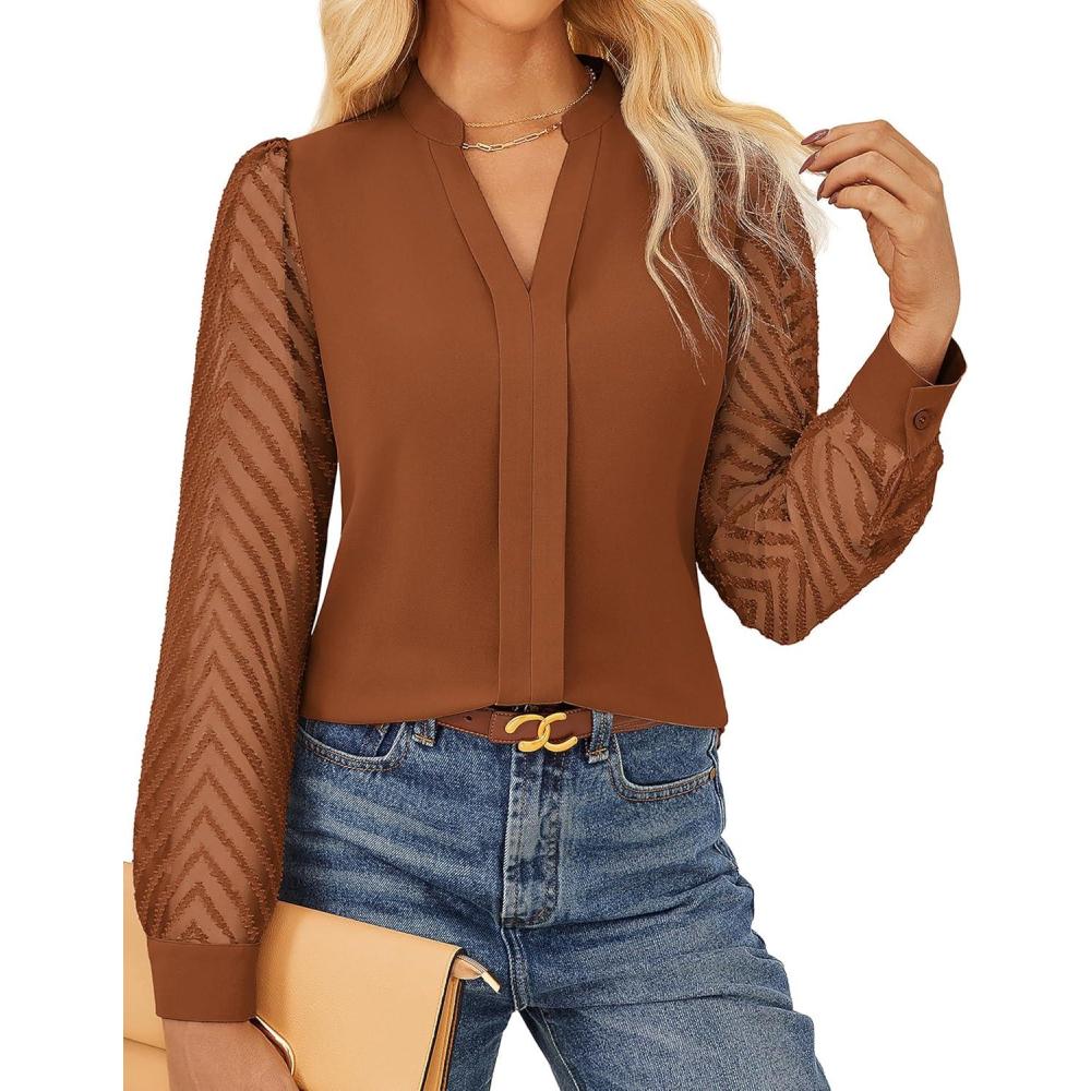 imageGRACE KARIN Women Business Casual Tops Sheer Lace Long Sleeve Blouses Work Office Pleated V Neck Shirt Fall Formal OutfitsCaramel