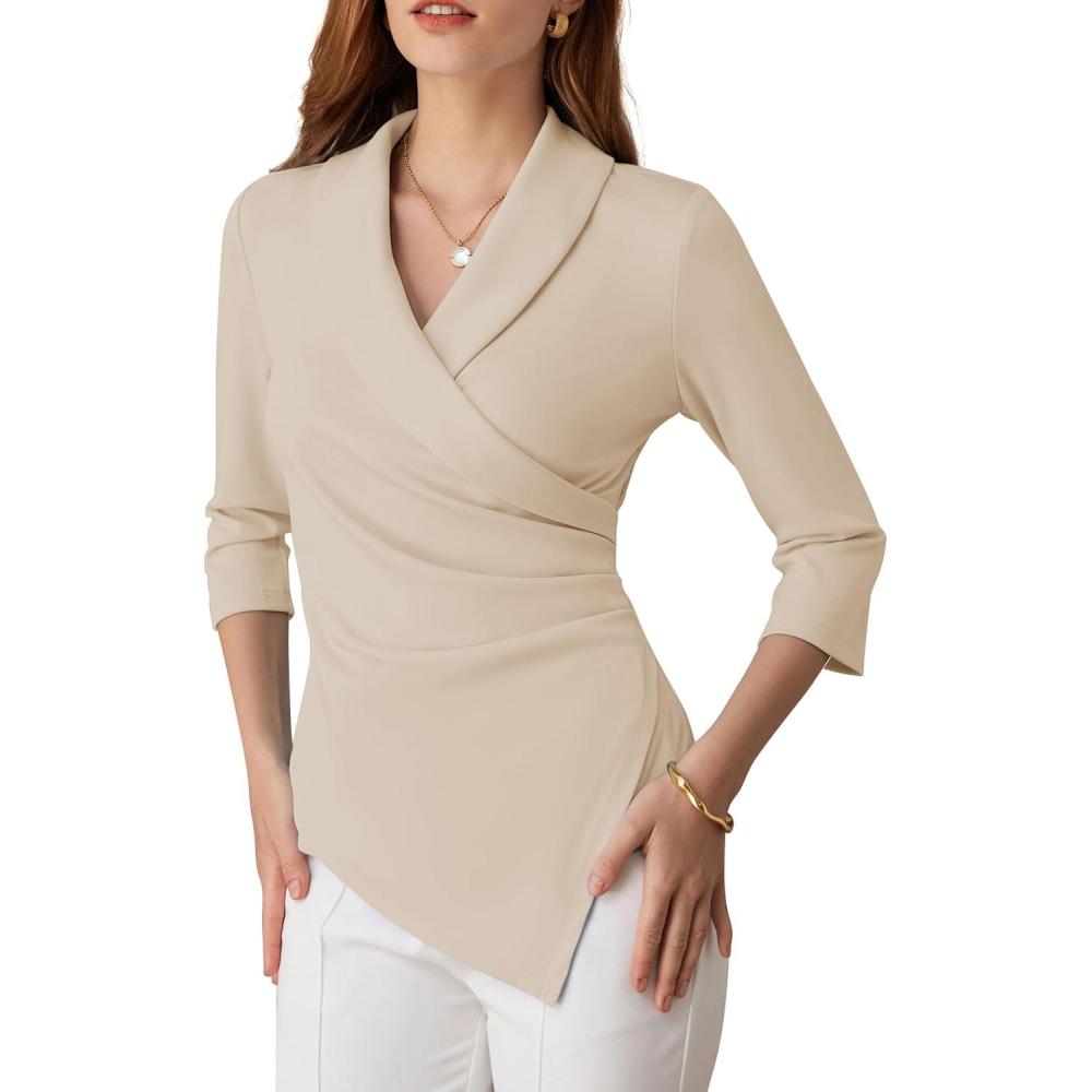 imageGRACE KARIN Women Dressy Wrap Work TopsV Neck Business Casual Blouses 34 Sleeve Ruched Elegant ShirtsApricot