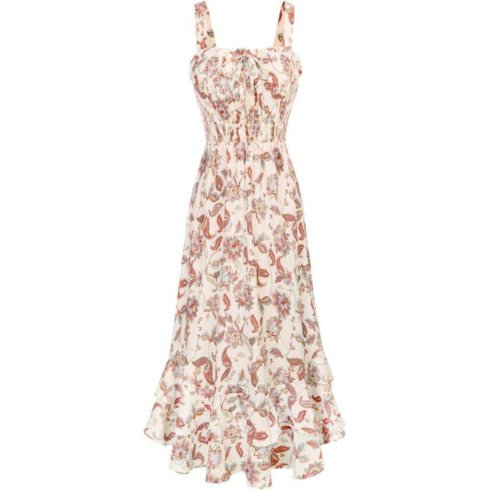 imageGRACE KARIN Womens 2025 Summer Floral Boho Dress Square Neck Strapped Swing A Line Sundress Beach Long Maxi OutfitsBeige