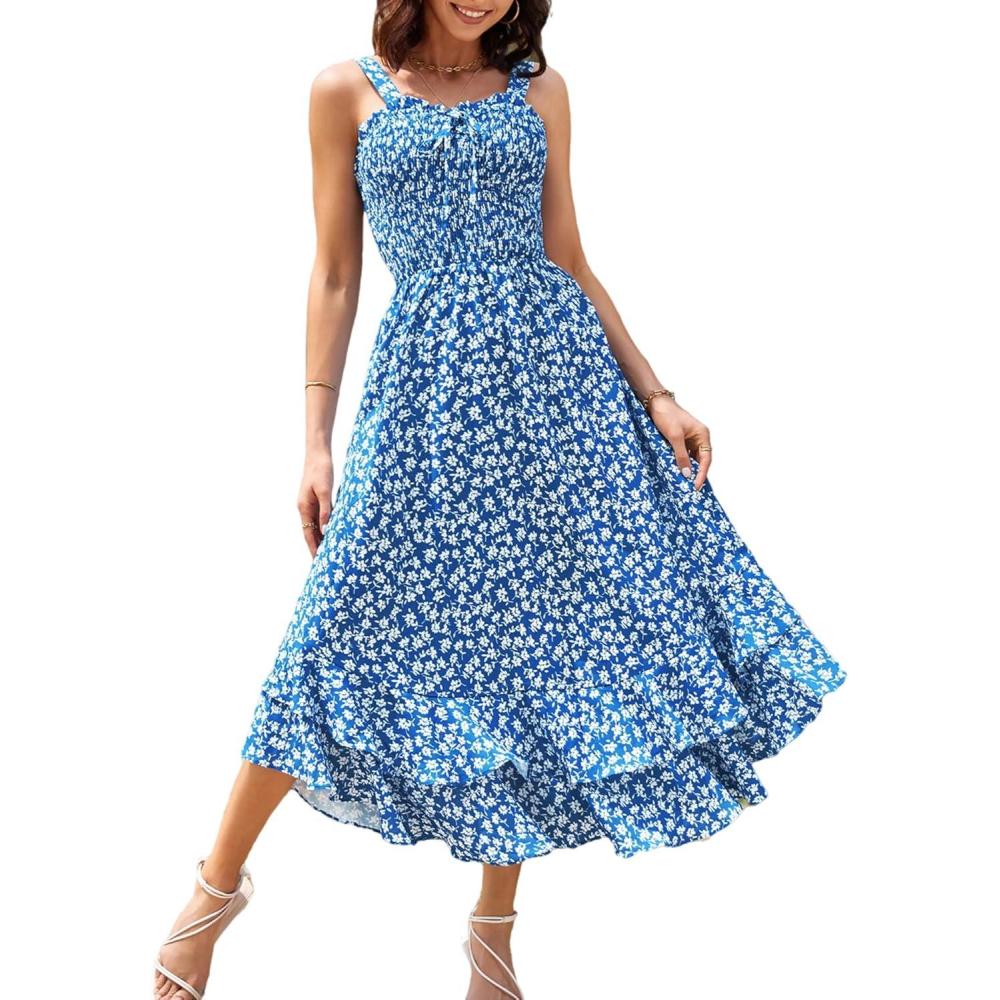 imageGRACE KARIN Womens 2025 Summer Floral Boho Dress Square Neck Strapped Swing A Line Sundress Beach Long Maxi OutfitsBlue