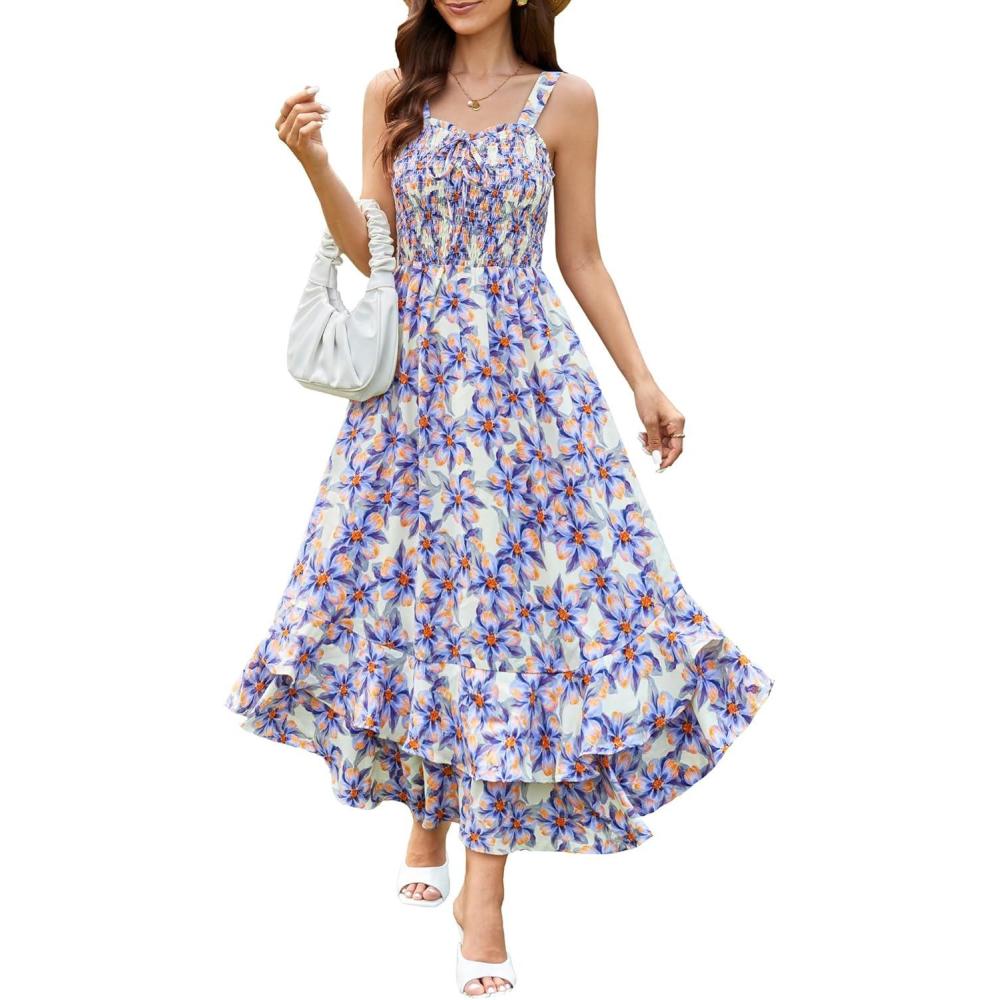 imageGRACE KARIN Womens 2025 Summer Floral Boho Dress Square Neck Strapped Swing A Line Sundress Beach Long Maxi OutfitsBlue Floral