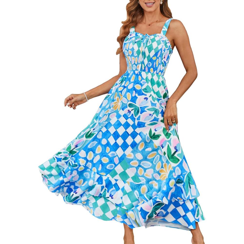 imageGRACE KARIN Womens 2025 Summer Floral Boho Dress Square Neck Strapped Swing A Line Sundress Beach Long Maxi OutfitsBlue Green