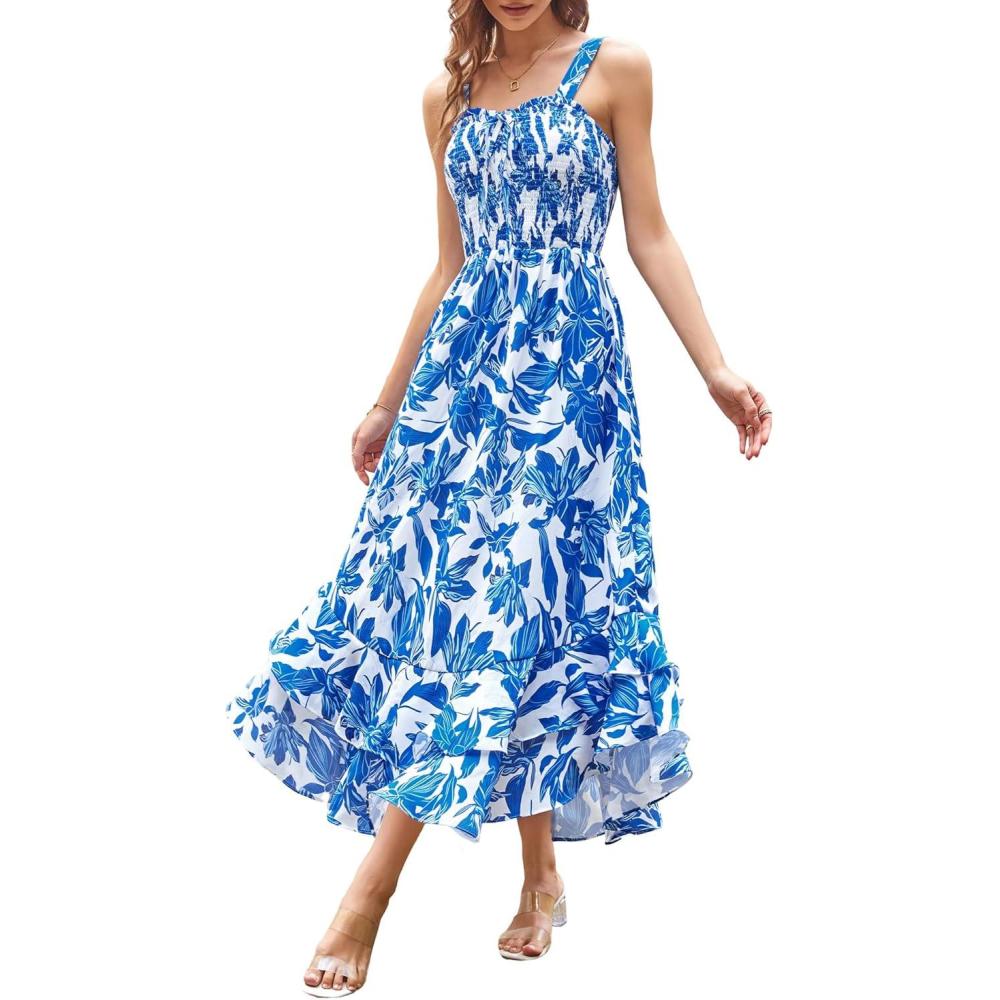 imageGRACE KARIN Womens 2025 Summer Floral Boho Dress Square Neck Strapped Swing A Line Sundress Beach Long Maxi OutfitsBlue White
