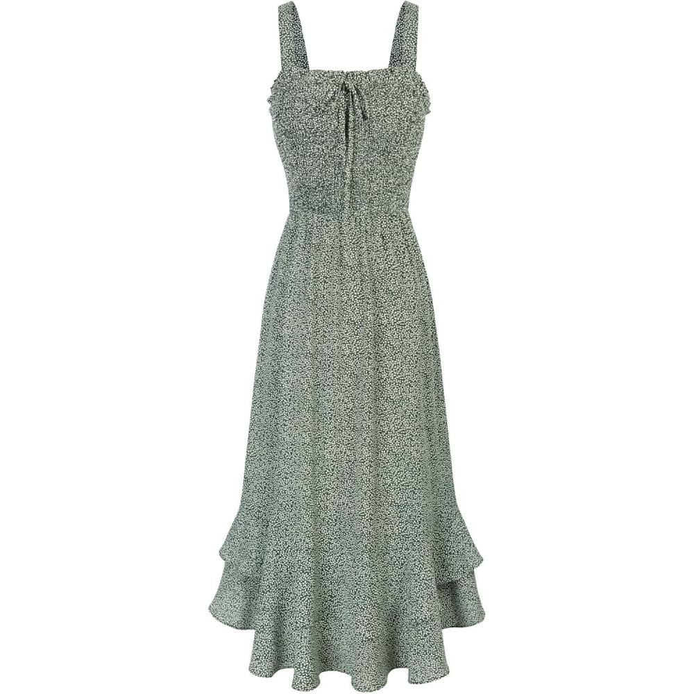 imageGRACE KARIN Womens 2025 Summer Floral Boho Dress Square Neck Strapped Swing A Line Sundress Beach Long Maxi OutfitsGreen