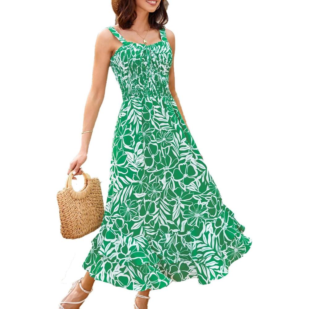 imageGRACE KARIN Womens 2025 Summer Floral Boho Dress Square Neck Strapped Swing A Line Sundress Beach Long Maxi OutfitsGreen Floral