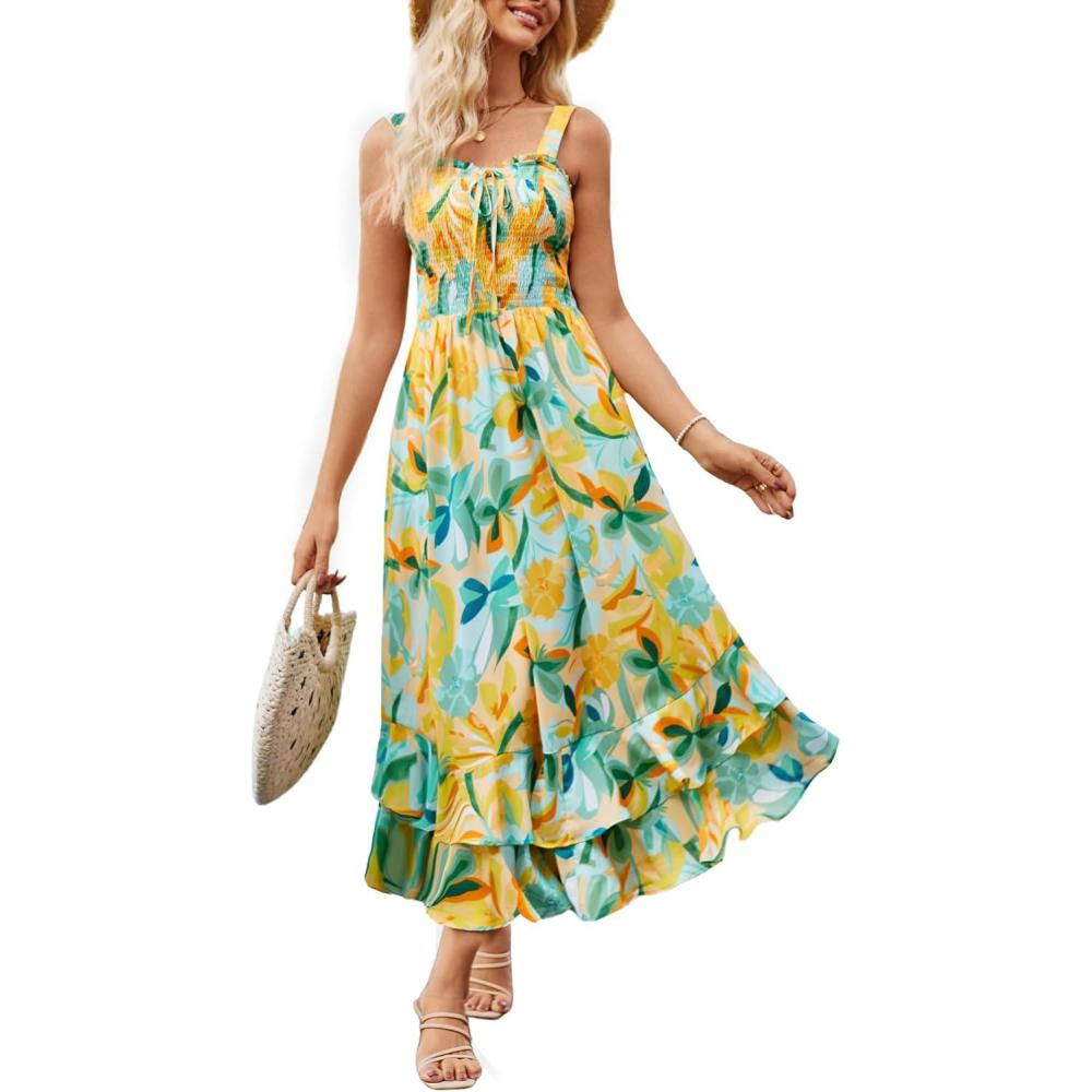 imageGRACE KARIN Womens 2025 Summer Floral Boho Dress Square Neck Strapped Swing A Line Sundress Beach Long Maxi OutfitsGreen Yellow