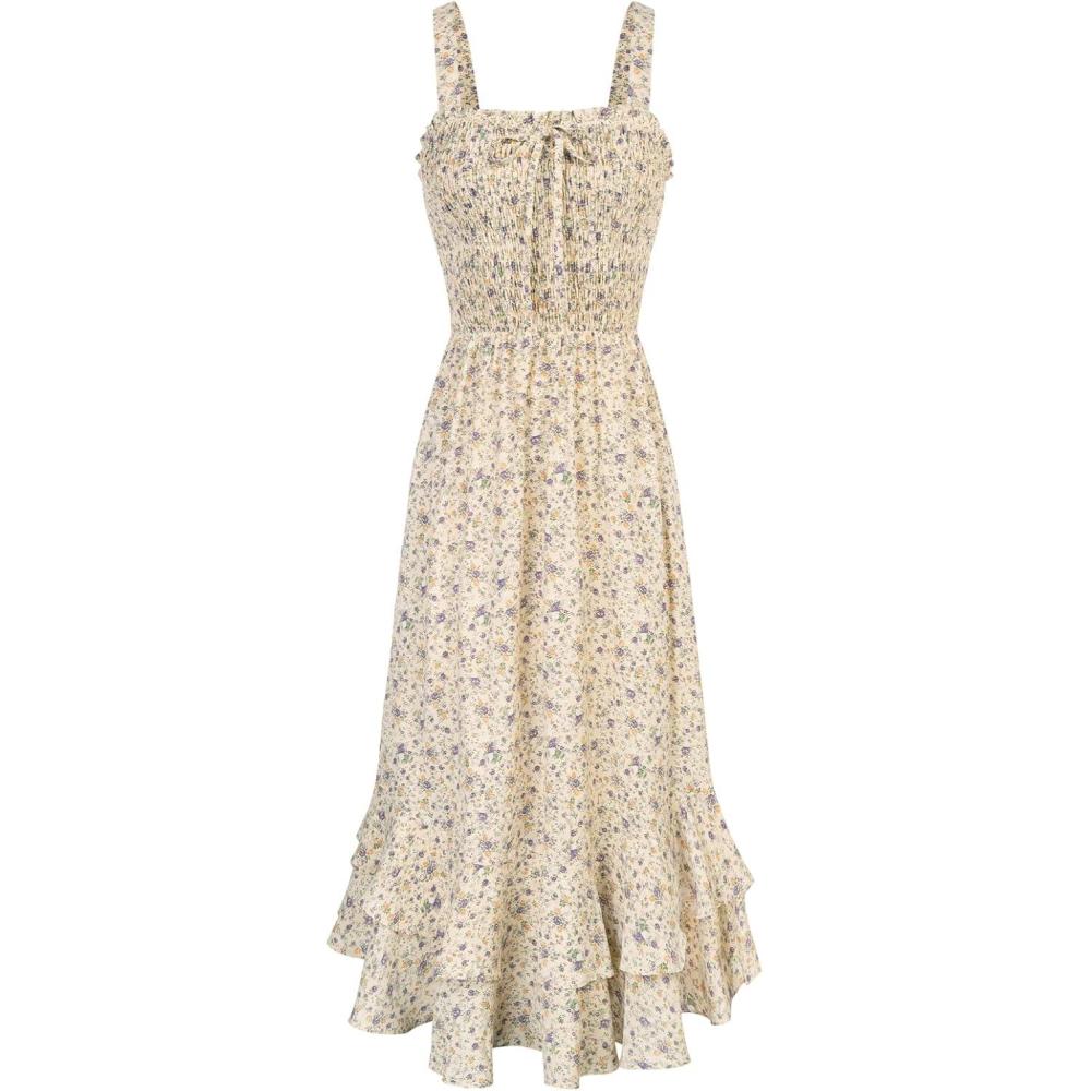 imageGRACE KARIN Womens 2025 Summer Floral Boho Dress Square Neck Strapped Swing A Line Sundress Beach Long Maxi OutfitsLight Yellow