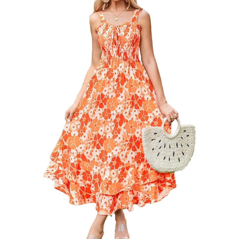 imageGRACE KARIN Womens 2025 Summer Floral Boho Dress Square Neck Strapped Swing A Line Sundress Beach Long Maxi OutfitsOrange