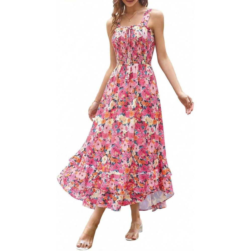 imageGRACE KARIN Womens 2025 Summer Floral Boho Dress Square Neck Strapped Swing A Line Sundress Beach Long Maxi OutfitsPink Orange