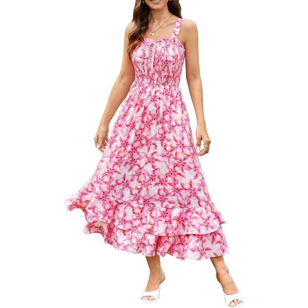 imageGRACE KARIN Womens 2025 Summer Floral Boho Dress Square Neck Strapped Swing A Line Sundress Beach Long Maxi OutfitsPink Yellow Floral