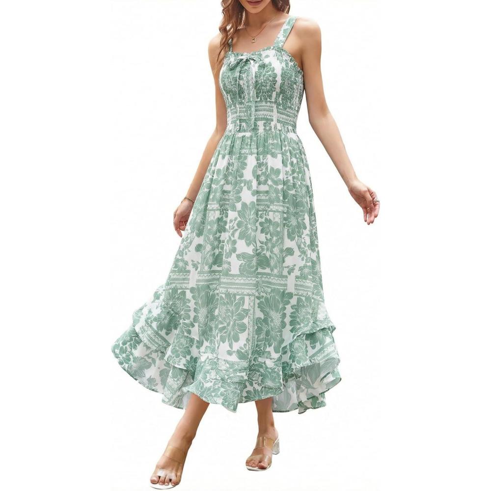 imageGRACE KARIN Womens 2025 Summer Floral Boho Dress Square Neck Strapped Swing A Line Sundress Beach Long Maxi OutfitsWhite Green
