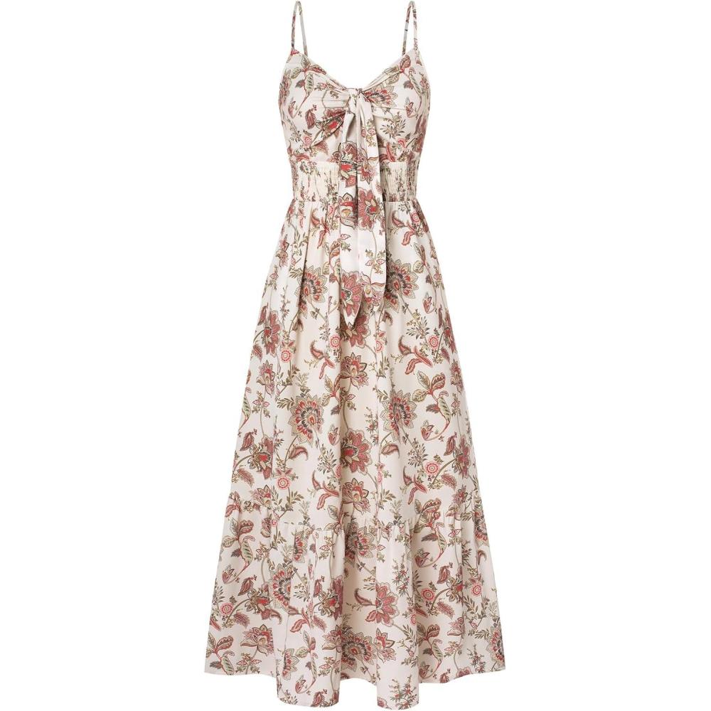 imageGRACE KARIN Womens 2026 Summer Maxi Dress Floral Tie Front Spaghetti Strap Casual Boho Beach Flowy Sundress with PocketsBeige Red Vine