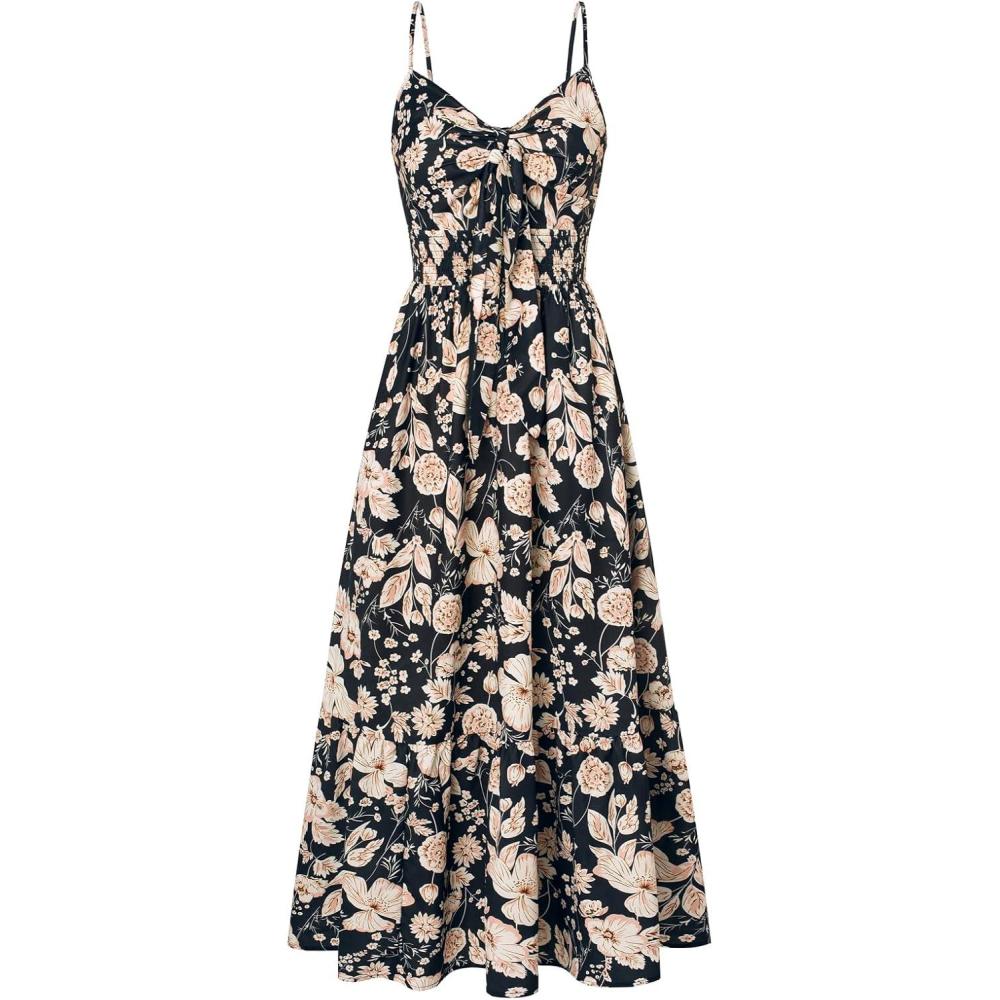 imageGRACE KARIN Womens 2026 Summer Maxi Dress Floral Tie Front Spaghetti Strap Casual Boho Beach Flowy Sundress with PocketsBlack Beige Floral