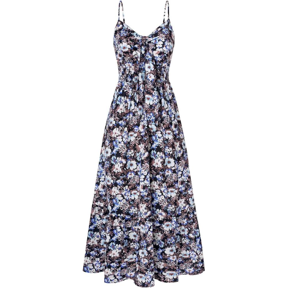 imageGRACE KARIN Womens 2026 Summer Maxi Dress Floral Tie Front Spaghetti Strap Casual Boho Beach Flowy Sundress with PocketsBlack Blue Floral