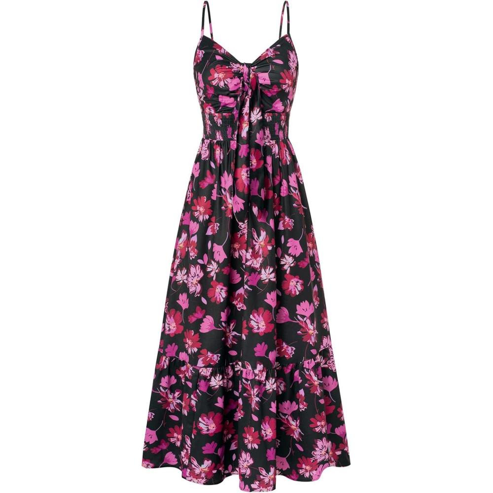 imageGRACE KARIN Womens 2026 Summer Maxi Dress Floral Tie Front Spaghetti Strap Casual Boho Beach Flowy Sundress with PocketsBlack Pink Floral