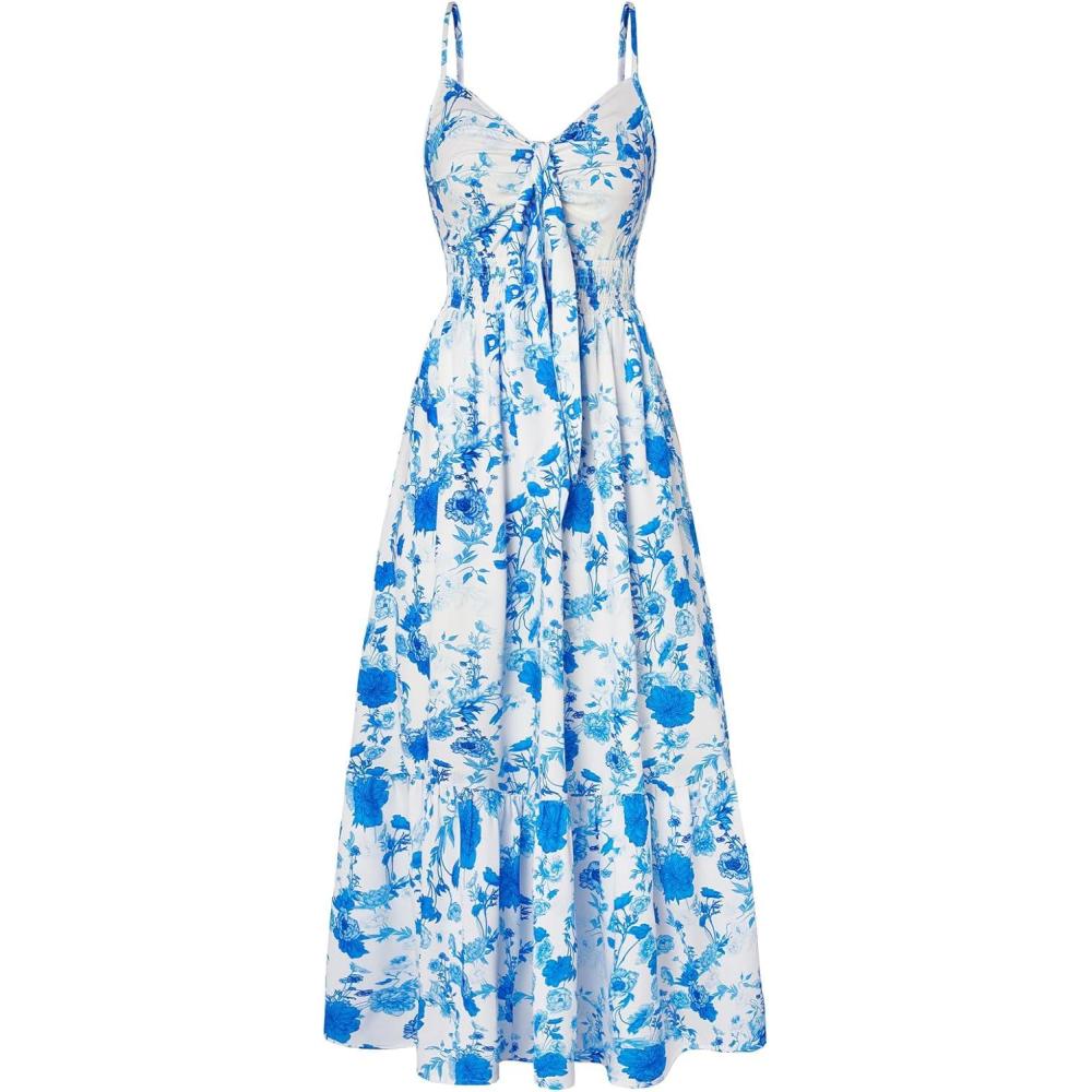 imageGRACE KARIN Womens 2026 Summer Maxi Dress Floral Tie Front Spaghetti Strap Casual Boho Beach Flowy Sundress with PocketsBlue Flowers